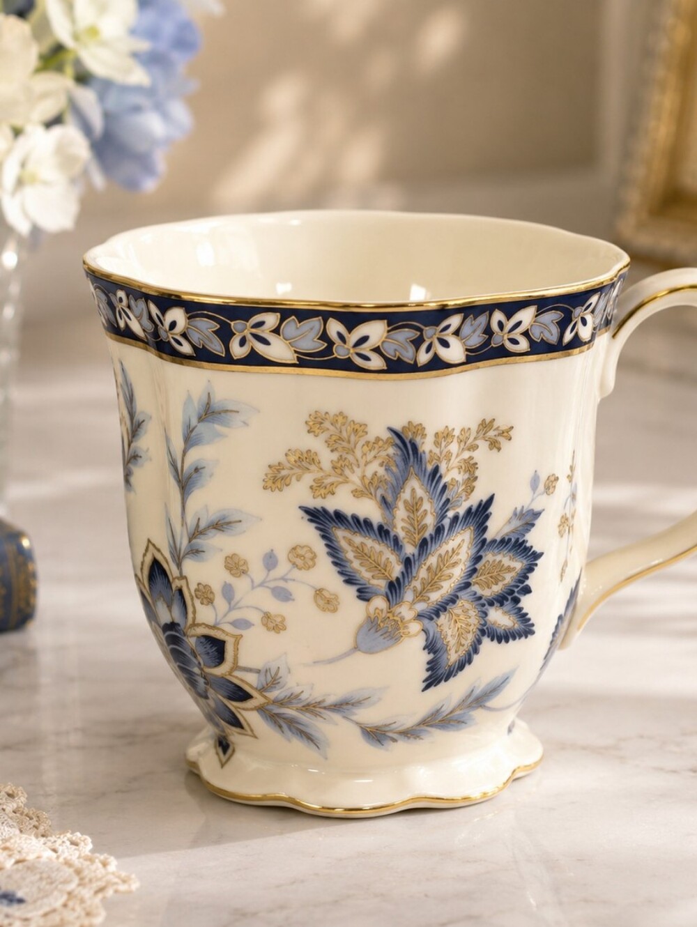 ND Exclusives Blue Cobalt & Gold‎ Floral Porcelain Coffee Tea Mug Footed Cup